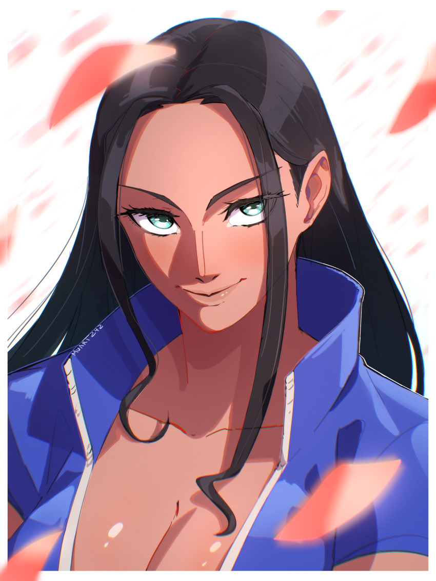 1girl, absurdres, asymmetrical_sidelocks, black_hair, blue_eyes, close-up, collared_jacket, commentary