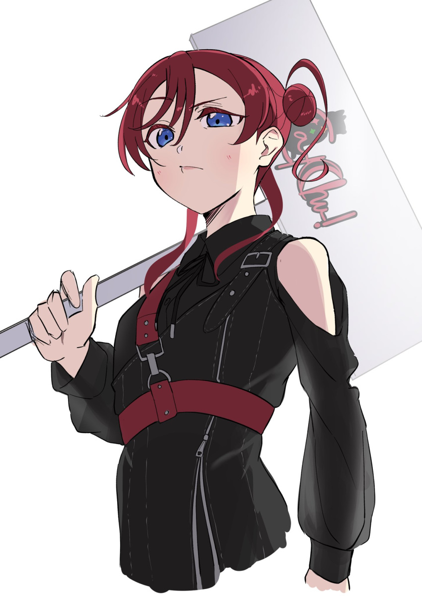 1girl, belt, black_jacket, black_ribbon, blue_eyes, closed_mouth, clothing_cutout, collared_jacket
