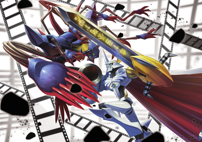 arm_blade, arm_cannon, armor, blonde_hair, blue_armor, commentary_request, diablomon, digimoji
