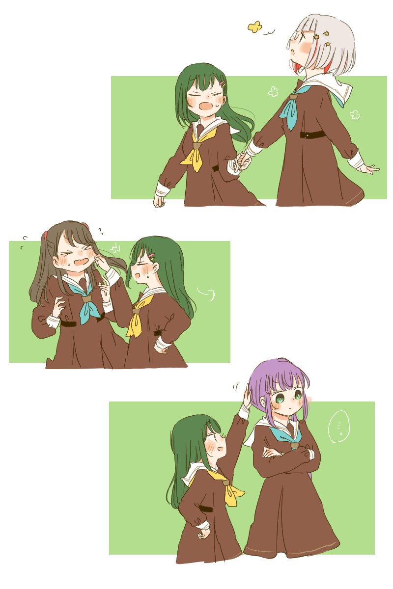 >_<, ..., 4girls, :o, =_=, aqua_neckerchief, averting_eyes, blush