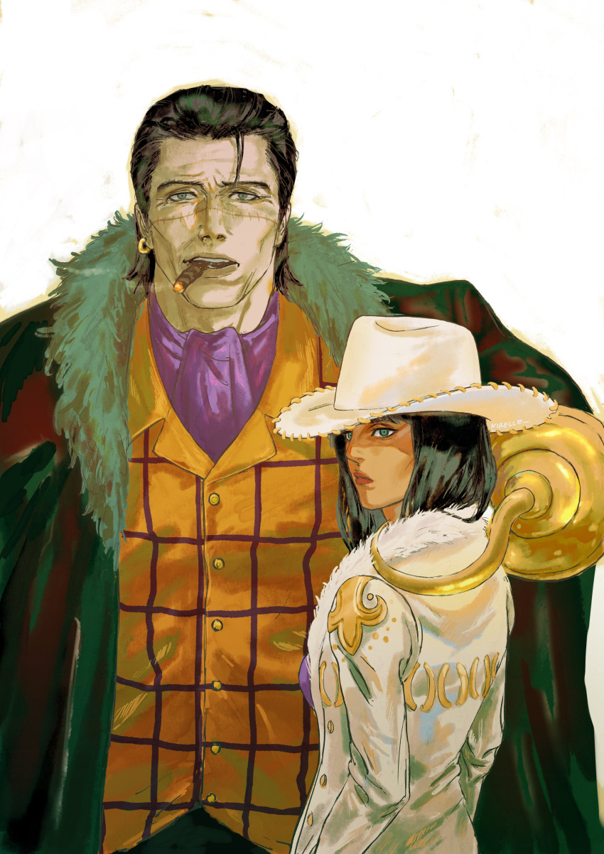 1boy, 1girl, absurdres, ascot, black_hair, cigar, coat, cowboy_hat