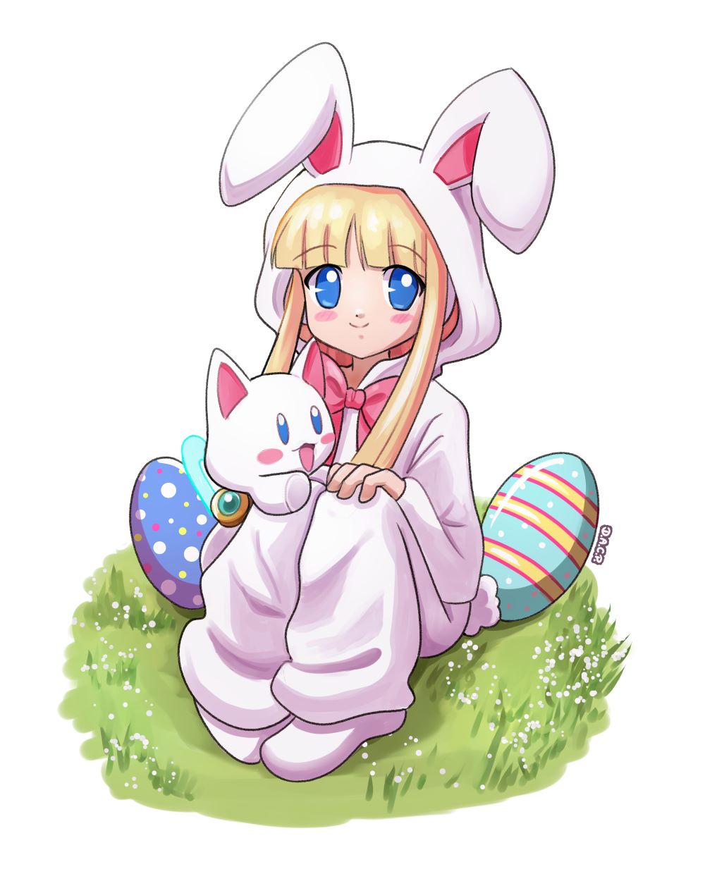 1girl, alouette_(mega_man), animal_ears, blonde_hair, blue_eyes, blush, blush_stickers, deniacp
