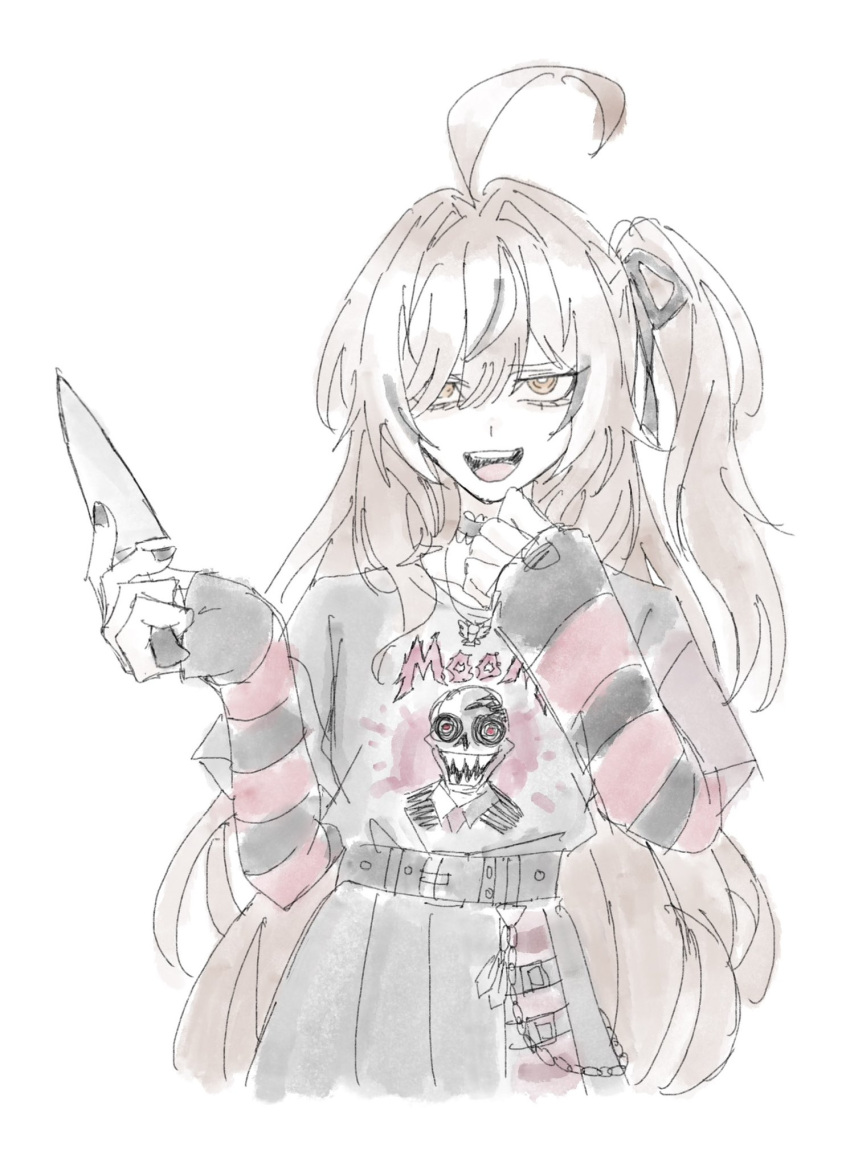 1girl, ahoge, bags_under_eyes, belt, biscuitaart, black_hair, black_ribbon, black_sweater, brown_hair, chain, choker, eyeshadow, frilled_choker, frills, furrowed_brow, hair_between_eyes, hair_ribbon, hand_on_own_face, highres, holding, holding_knife, holding_weapon, hololive, hololive_english, huge_ahoge, knife, long_hair, looking_at_viewer, makeup, multicolored_hair, nanashi_mumei, nanashi_mumei_(emo), nightmare_(nanashi_mumei), official_alternate_costume, official_alternate_hairstyle, one_side_up, partially_colored, pleated_skirt, red_sweater, ribbon, simple_background, skirt, sleeves_past_wrists, smile, solo, streaked_hair, striped_clothes, striped_sweater, sweater, sweater_tucked_in, torn_clothes, torn_sweater, two-tone_sweater, very_long_hair, virtual_youtuber, weapon, white_background, white_hair, yandere, yellow_eyes