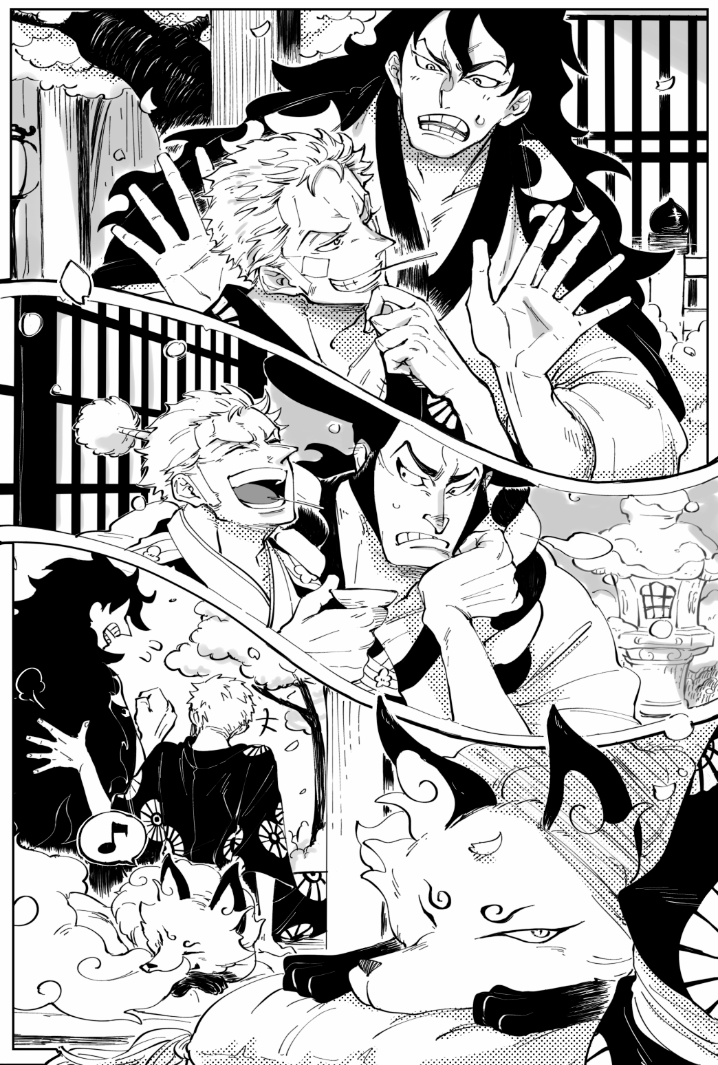 +++, 4boys, animal, back, blush, chabo_(niwatori_bosori), falling_petals, fox