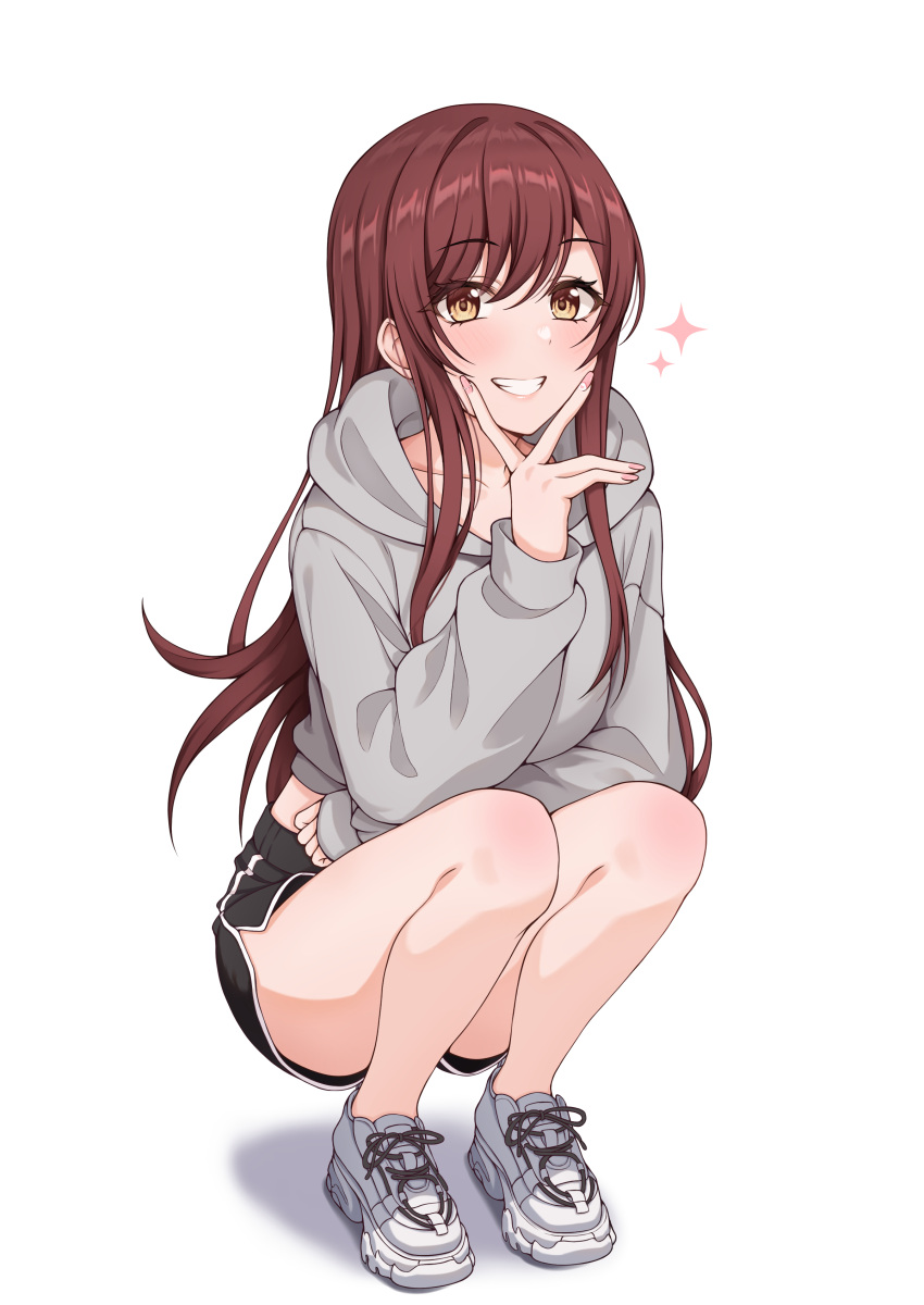 1girl, absurdres, bare_legs, black_shorts, blush, dolphin_shorts, grey_hoodie, grin