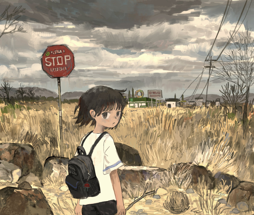1girl, absurdres, akziqi, backpack, bag, bare_tree, building, cowboy_shot, day, doughnut_shop, dry_grass, field, floating_hair, from_behind, highres, holding, holding_stick, looking_at_viewer, looking_back, mountainous_horizon, open_mouth, original, outdoors, overcast, power_lines, road_sign, rock, scenery, shirt, short_hair, short_sleeves, sign, sky, solo, standing, stick, stop_sign, t-shirt, tree, tumbleweed, utility_pole, white_shirt, white_t-shirt