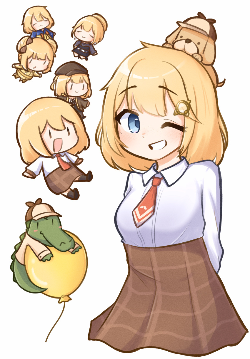 ;d, absurdres, animal_on_head, arm_behind_back, balloon, blonde_hair, blue_eyes, bob_cut
