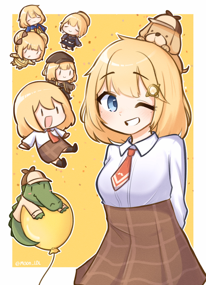 ;d, absurdres, animal_on_head, arm_behind_back, balloon, blonde_hair, blue_eyes, bob_cut