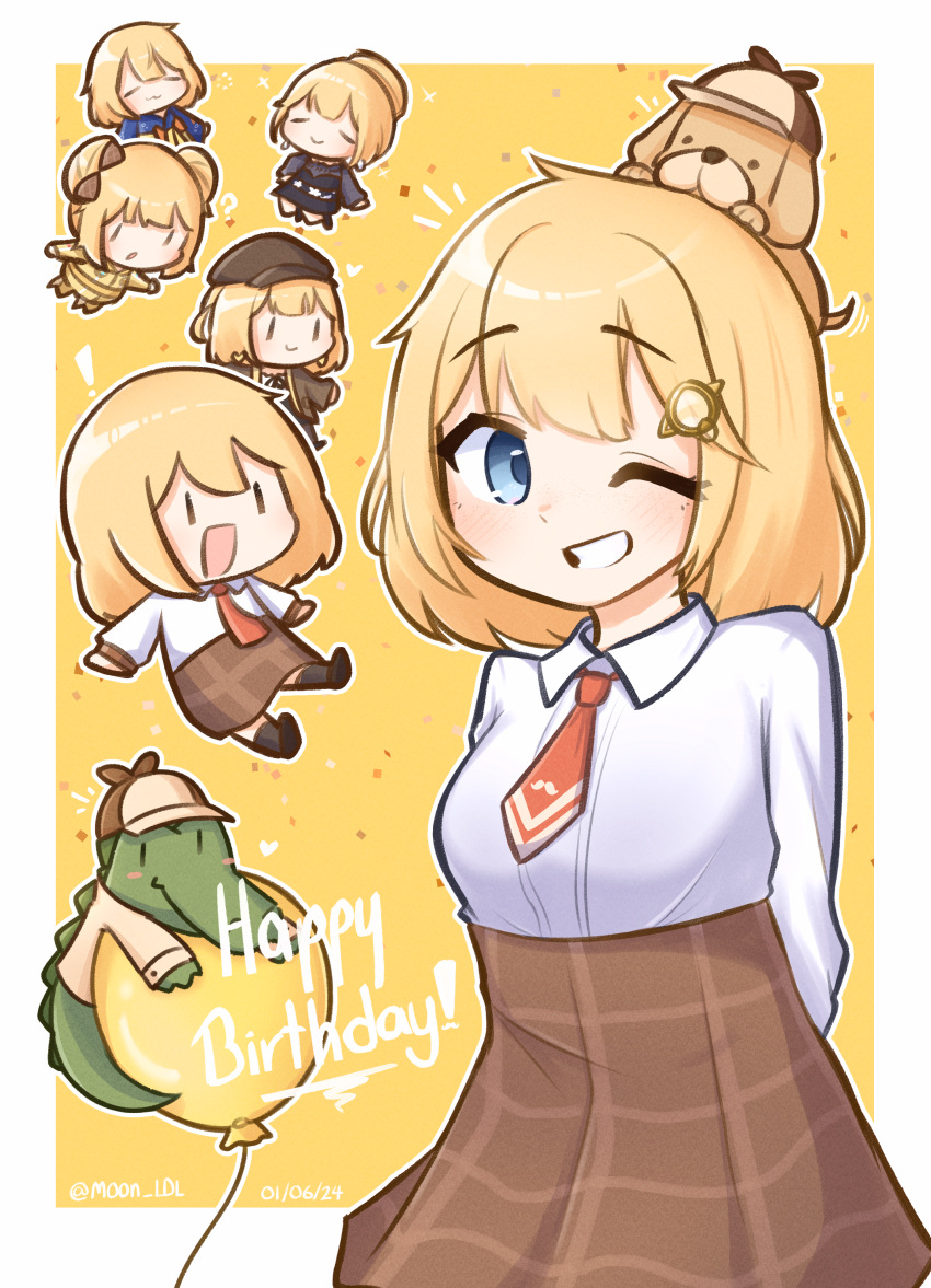 ;d, absurdres, animal_on_head, arm_behind_back, balloon, blonde_hair, blue_eyes, bob_cut