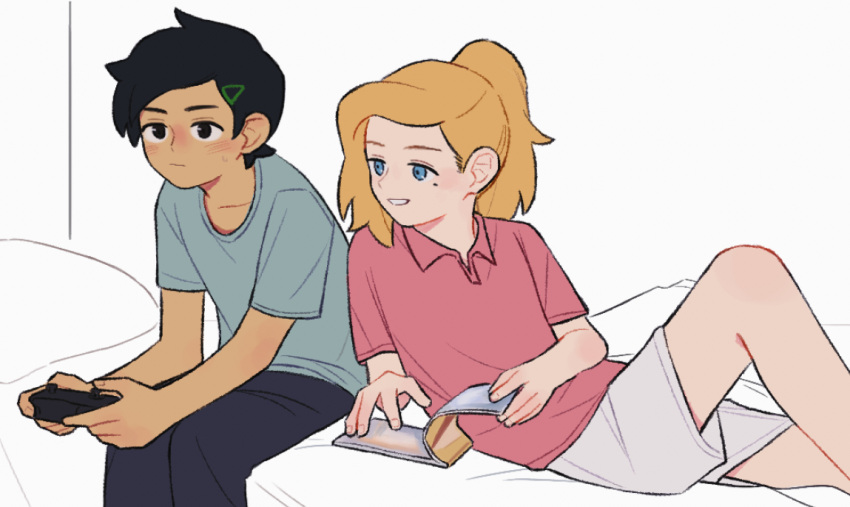 2girls, amphibia, black_eyes, black_hair, blonde_hair, blue_eyes, drunkfood_d, green_hairclip