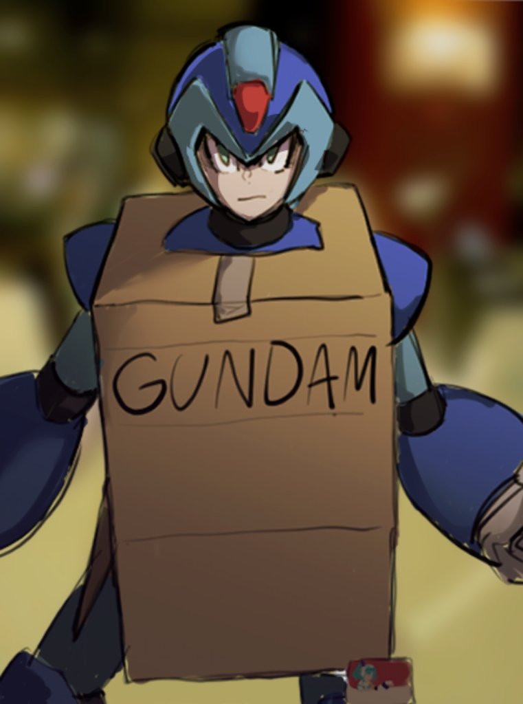 1boy, armor, blue_armor, blue_helmet, blurry, blurry_background, box, cardboard_box, cardboard_box_gundam, cowboy_shot, forehead_jewel, green_eyes, lemon_inu, looking_at_viewer, male_focus, mega_man_(series), mega_man_x_(series), sketch, solo, x_(mega_man)