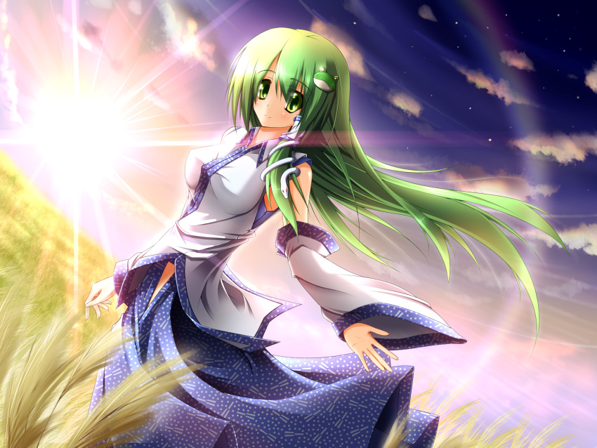1girl, detached_sleeves, frog, green_eyes, green_hair, hair_ornament, highres, kochiya_sanae