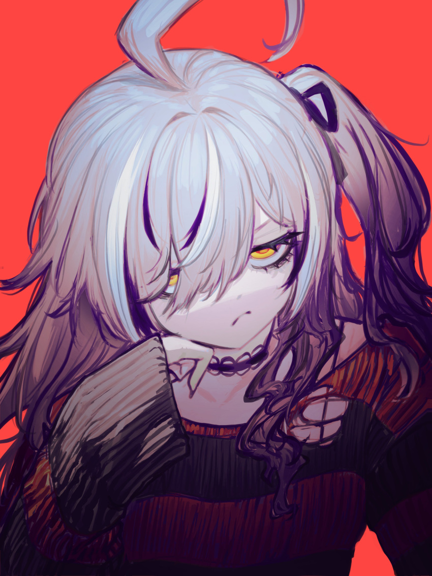 1girl, absurdres, ahoge, black_choker, black_ribbon, black_sweater, brown_hair, choker