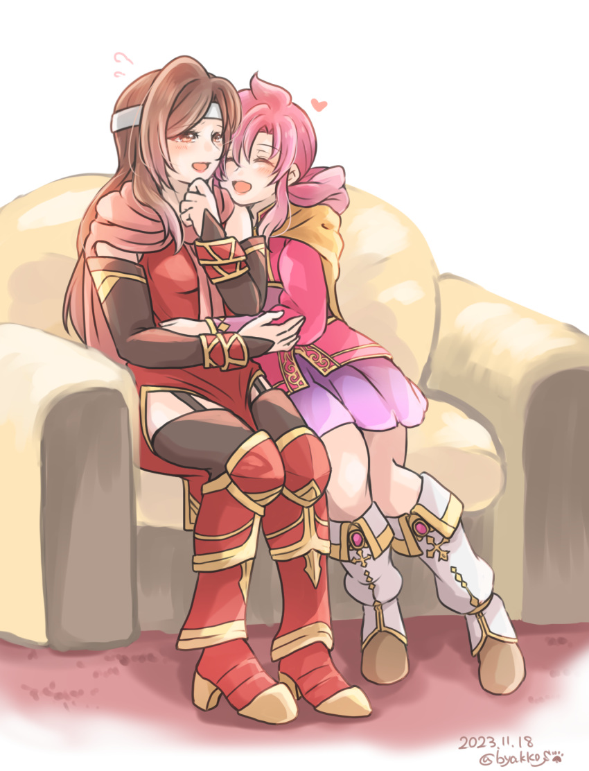 2girls, altena_(fire_emblem), aristocratic_clothes, armor, armored_boots, black_garter_straps, boots, brown_eyes