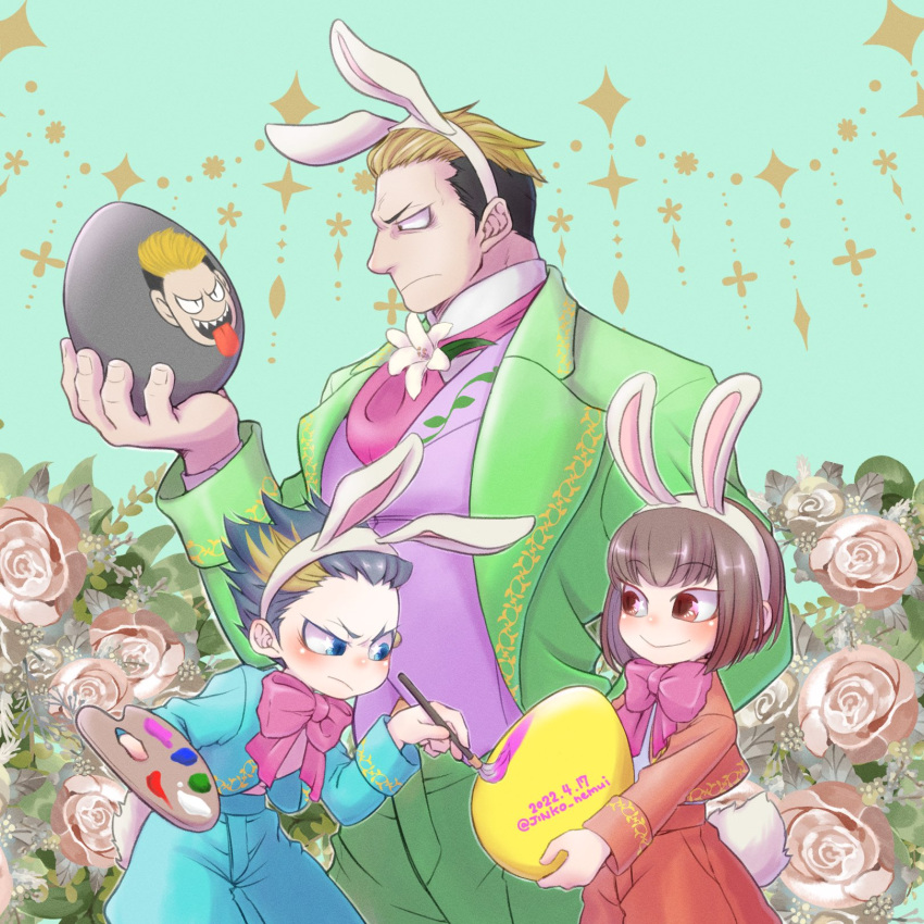 3boys, animal_ears, blue_hair, blue_suit, bow, bowl_cut, bowtie, brown_hair