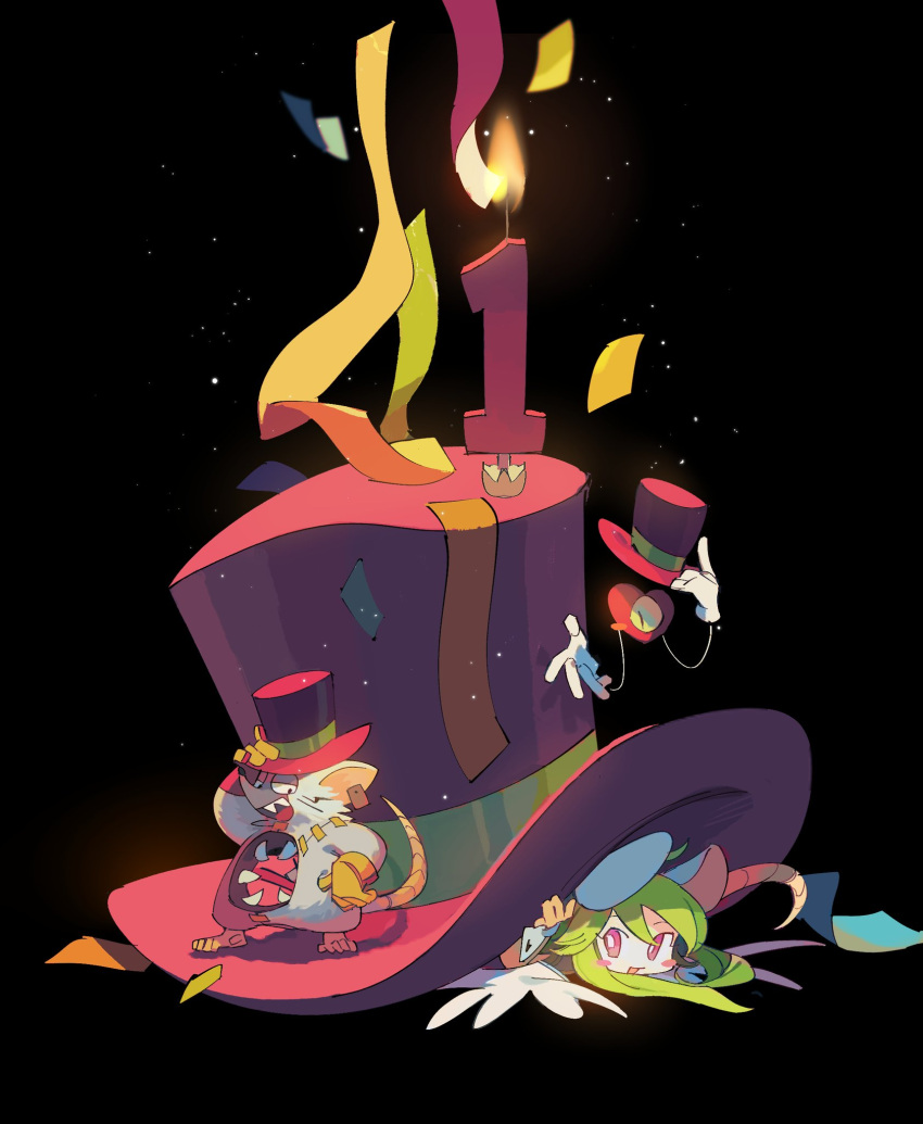 1girl, 2boys, :d, animal_ears, anniversary, black_background, blush_stickers, candle