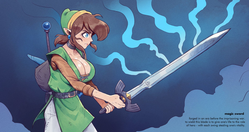1girl, blue_eyes, brellom, brown_hair, earrings, genderswap, genderswap_(mtf), green_tunic