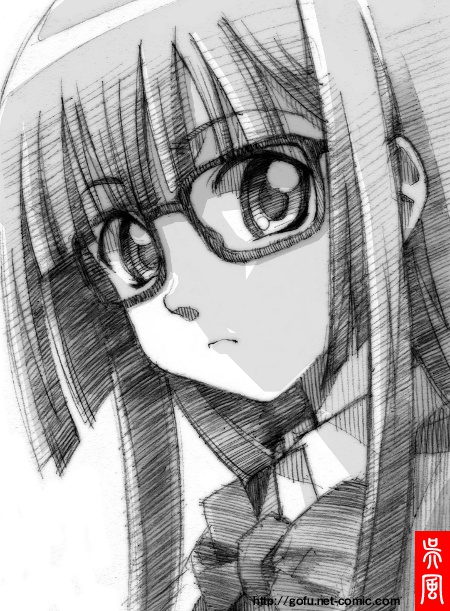 futaba_aoi, glasses, gofu, long_hair, monochrome, sketch, solo, traditional_media