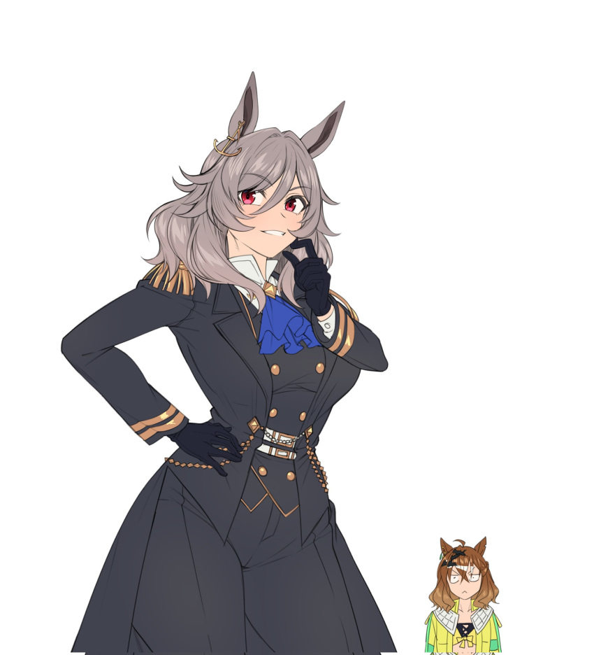 2girls, ahoge, anchor_earrings, animal_ears, ascot, belt, black_gloves, black_jacket, black_pants, blue_ascot, brown_hair, collared_shirt, ear_ornament, earrings, epaulettes, eyebrows_hidden_by_hair, fukuro_(maruaru00), gloves, grey_hair, hair_between_eyes, hair_ornament, hairclip, hand_on_own_hip, highres, horse_ears, horse_girl, jacket, jewelry, jungle_pocket_(umamusume), kurofune_(racehorse), long_sleeves, medium_hair, multiple_girls, notched_ear, pants, shirt, short_hair, umamusume, umamusume:_beginning_of_a_new_era, white_background, white_belt, white_shirt, yellow_eyes