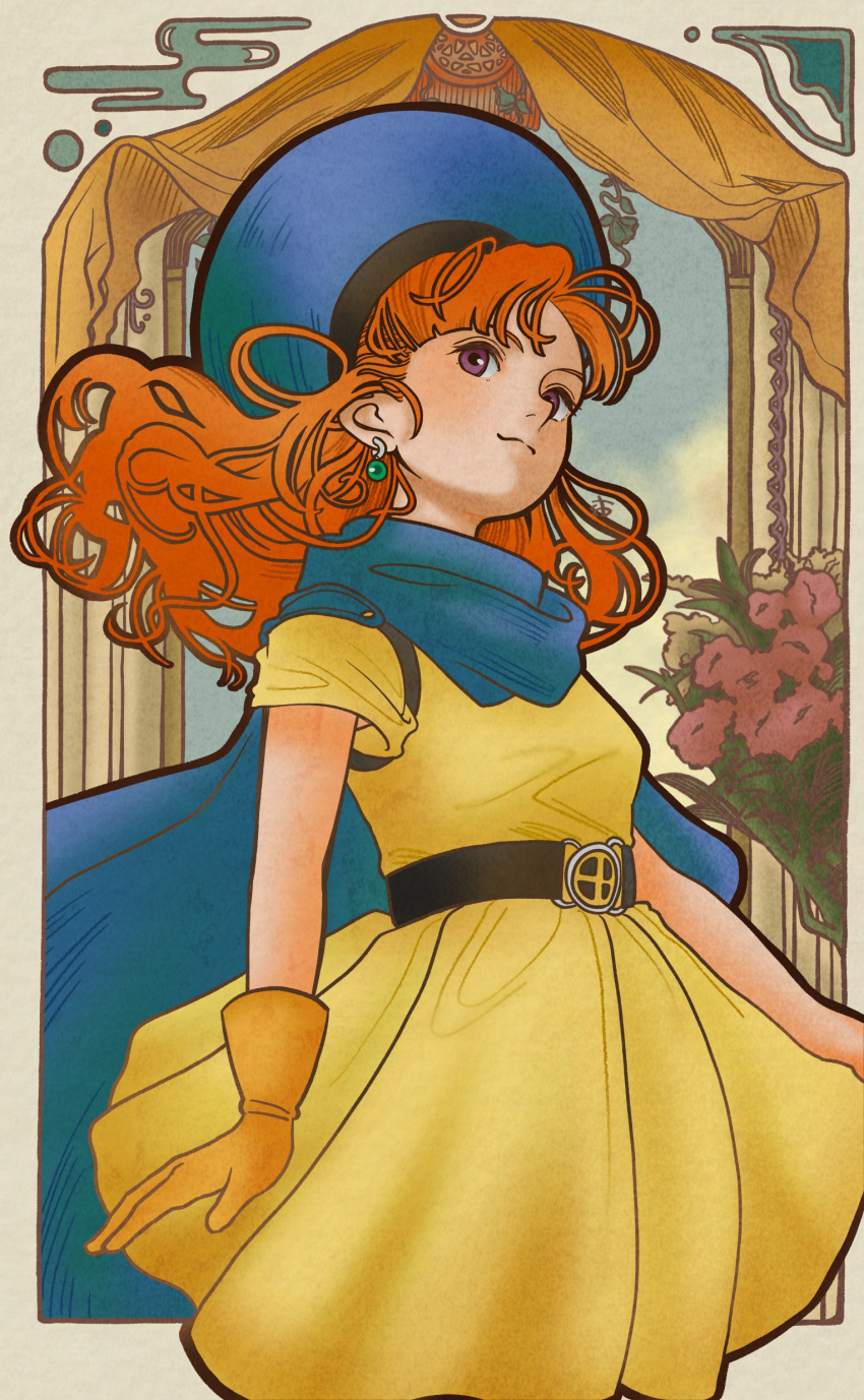 1girl, absurdres, alena_(dq4), art_nouveau, belt, blue_cape, cape, dragon_quest