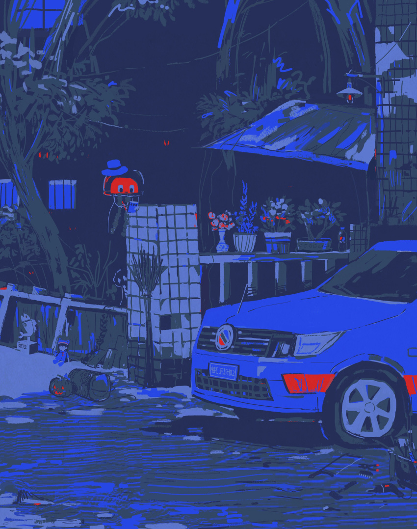 absurdres, akziqi, animal, blue_theme, building, car, clothed_animal, commentary