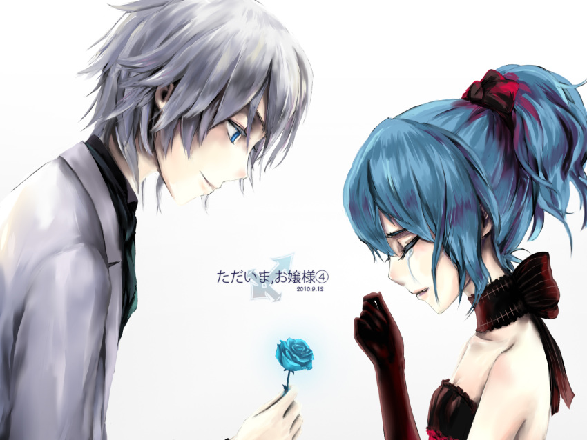 blue_hair, blue_rose, dress, elbow_gloves, fang, flower, formal, genderswap, gloves, goocn, grey_hair, highres, izayoi_sakuya, ponytail, profile, remilia_scarlet, ribbon, rose, short_hair, smile, tears, touhou, translated, wallpaper