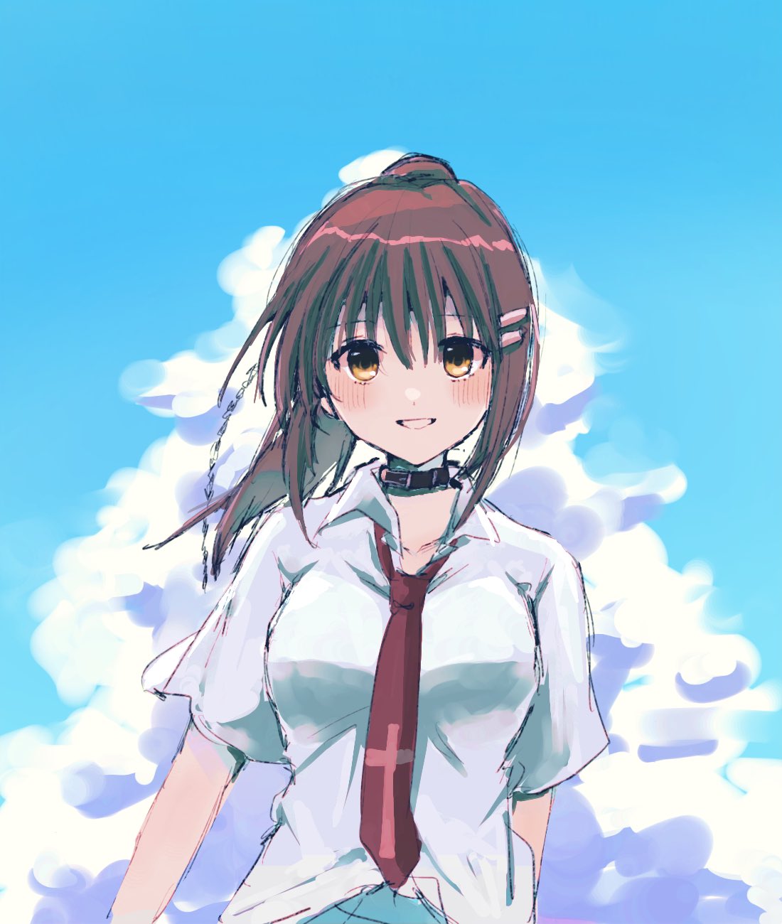 1girl, :d, arms_at_sides, black_choker, blue_sky, blush, brown_eyes, brown_hair, choker, clouds, collared_shirt, commentary, cross_print, cumulonimbus_cloud, day, floating_hair, grin, hair_between_eyes, hair_ornament, hairclip, happy, highres, long_hair, looking_at_viewer, minakami_yuki, necktie, outdoors, ponytail, print_necktie, red_necktie, retugo_asa, shirt, short_sleeves, sketch, sky, smile, solo, straight-on, subarashiki_hibi, upper_body, white_shirt