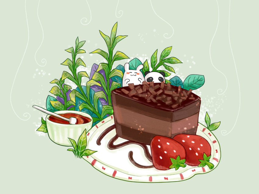 abaoyin, blush, chocolate_syrup, food, food_focus, fruit, mousse_(food), no_humans, original, painttool_sai_(medium), panda, plant, plate, rabbit, ramekin, simple_background, strawberry