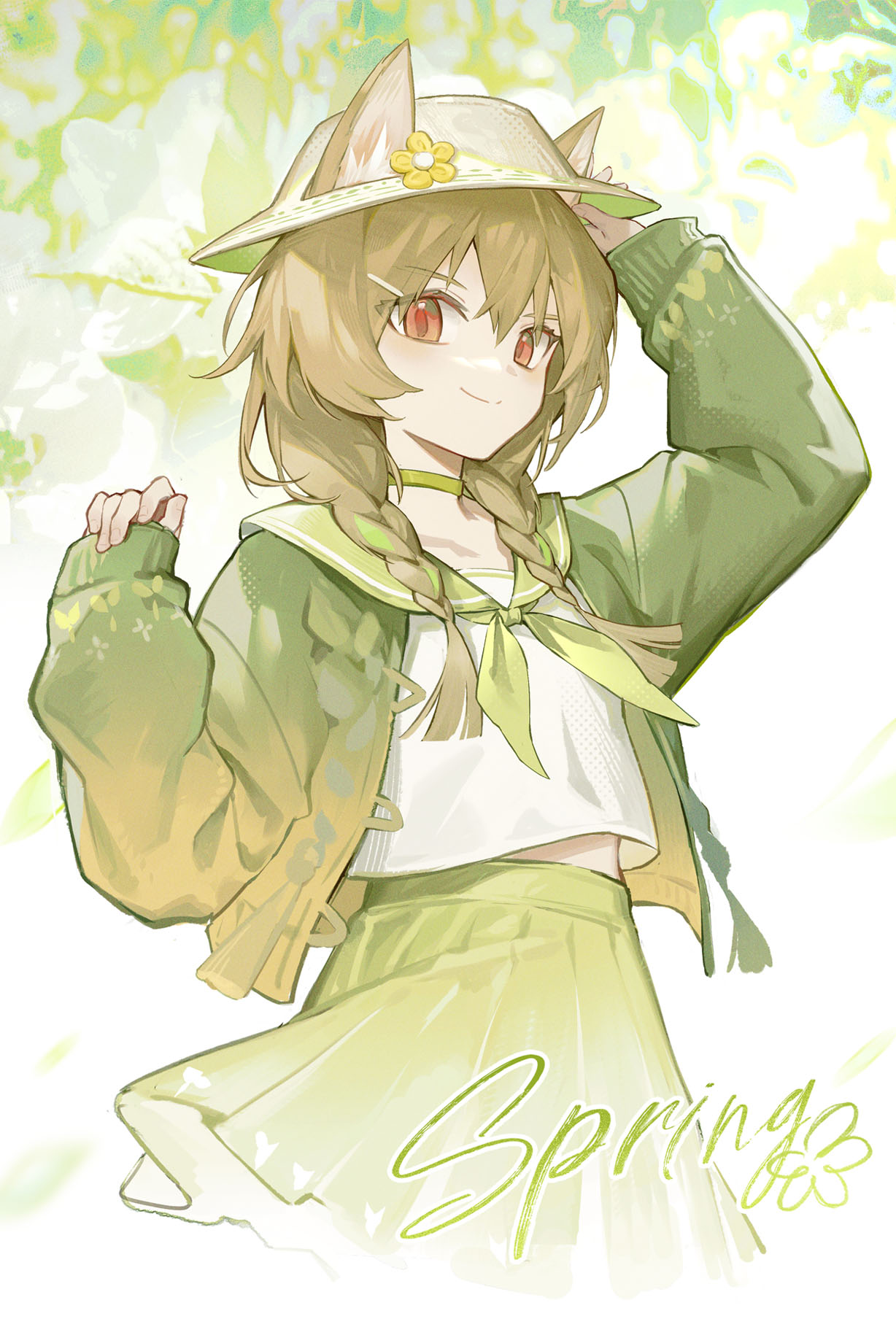 1girl, alternate_costume, animal_ears, arknights, artist_name, beanstalk_(arknights), braid, brown_hair