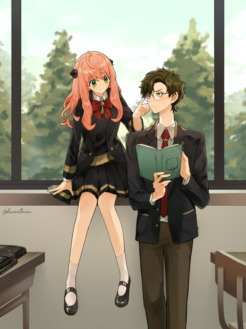 1boy, 1girl, absurdres, aged_up, alternate_costume, anya_(spy_x_family), black_footwear, black_hair