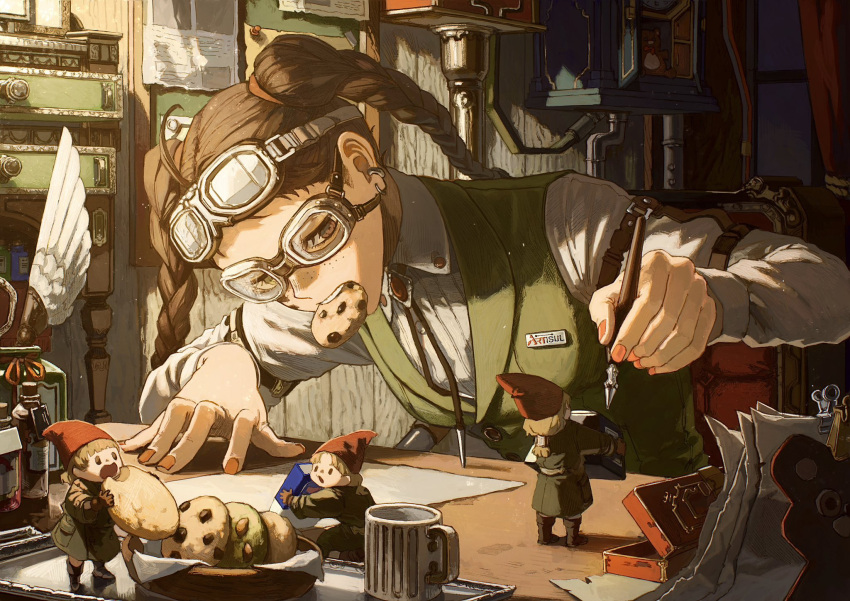 1girl, 3others, ambiguous_gender, binder_clip, blonde_hair, boots, bottle, box, braid, bulletin_board, chest_of_drawers, chocolate_chip_cookie, collared_shirt, commentary_request, cookie, cup, desk, earrings, eating, eraser, eyewear_on_head, food, food_in_mouth, freckles, gnome, goggles, hat, highres, holding, holding_food, holding_pen, indoors, inkwell, jewelry, making-of_available, medium_hair, mihiro_00122, mini_person, multiple_others, neck_tassel, original, paper, pen, picture_frame, pushpin, shirt, tray, twin_braids, twintails, vest, water_pipe, wooden_wall