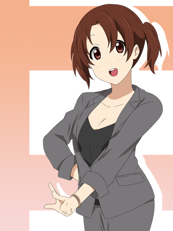adult, breasts, brown_eyes, brown_hair, business_suit, cleavage, extra, face, formal, fujii_chika, hand_on_hip, ikari_manatsu, k-on!, nojima_chika, open_mouth, short_twintails, smile, solo, suit, twintails, v, wristband