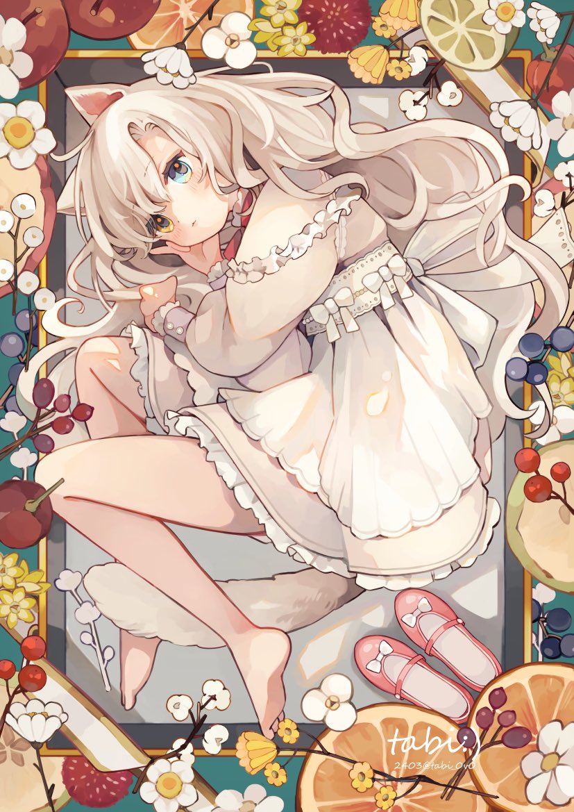 1girl, animal_ears, apron, bare_legs, barefoot, blue_eyes, blueberry, cat_ears