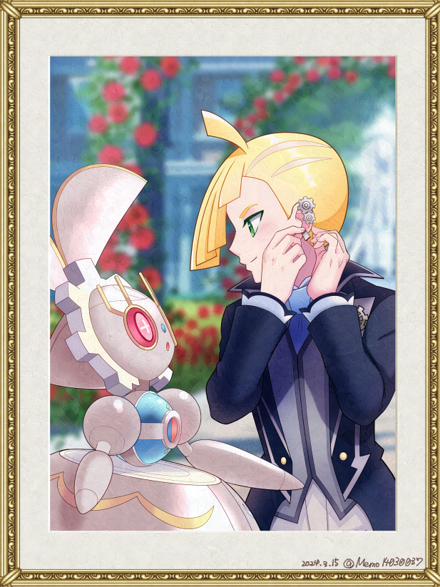 1boy, ahoge, blonde_hair, dated, ear_piercing, gladion_(pokemon), gladion_(sygna_suit)_(pokemon), green_eyes