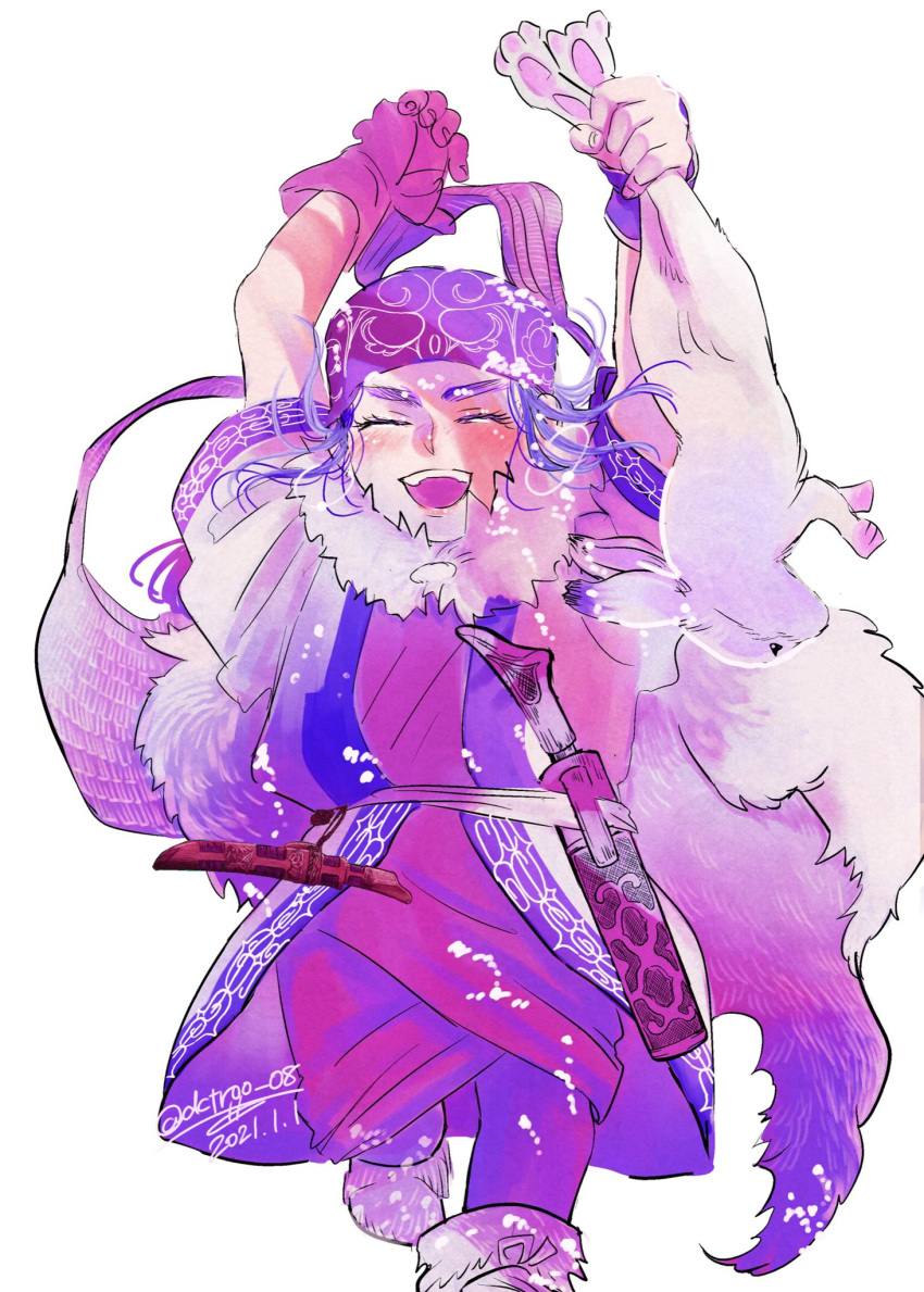 1girl, 2021, ^_^, ainu, ainu_clothes, animal, arms_up, asirpa