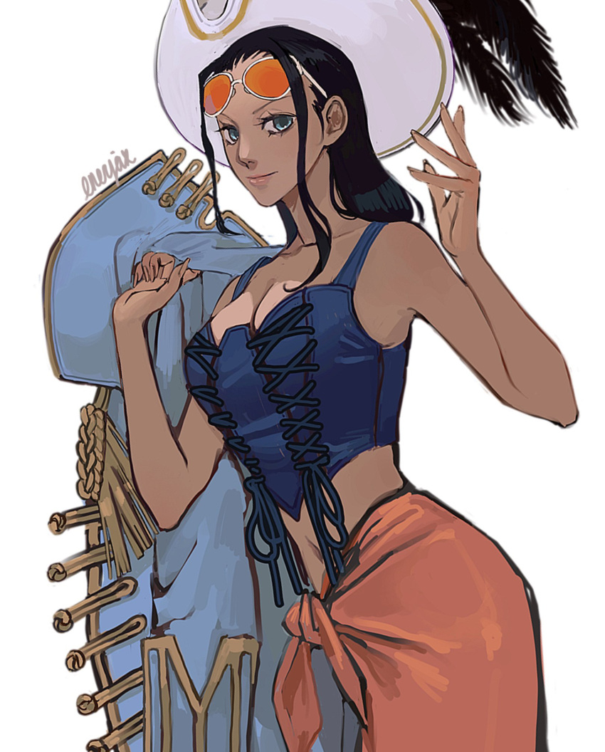 1girl, arms_up, artist_name, asymmetrical_sidelocks, black_hair, blue_coat, blue_eyes, coat, commentary, corset, cowboy_shot, crop_top, cross-laced_clothes, cross-laced_top, enerjax, epaulettes, eyelashes, eyewear_on_head, hat, highres, holding, holding_clothes, holding_coat, light_smile, long_hair, looking_at_viewer, nico_robin, one_piece, palm_tree, pink_sarong, simple_background, smile, solo, tree, white_background, white_hat