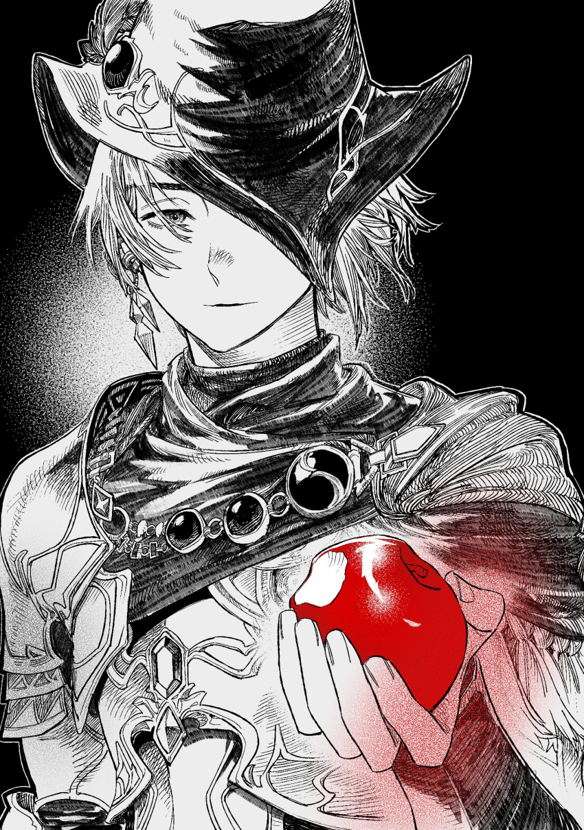 1girl, androgynous, apple, armor, black_background, breastplate, commission, ear_piercing, earrings, final_fantasy, final_fantasy_xiv, food, fruit, greyscale, hand_up, hat, hat_feather, hat_ornament, hat_over_one_eye, hatching_(texture), highres, holding, holding_food, holding_fruit, incoming_food, jewelry, light_smile, looking_at_viewer, monochrome, one_eye_covered, pauldrons, piercing, reverse_trap, scarf, second-party_source, short_hair, shoulder_armor, simple_background, single_earring, single_pauldron, solo, spot_color, tricorne, upper_body, v0idneet, zero_(ff14)