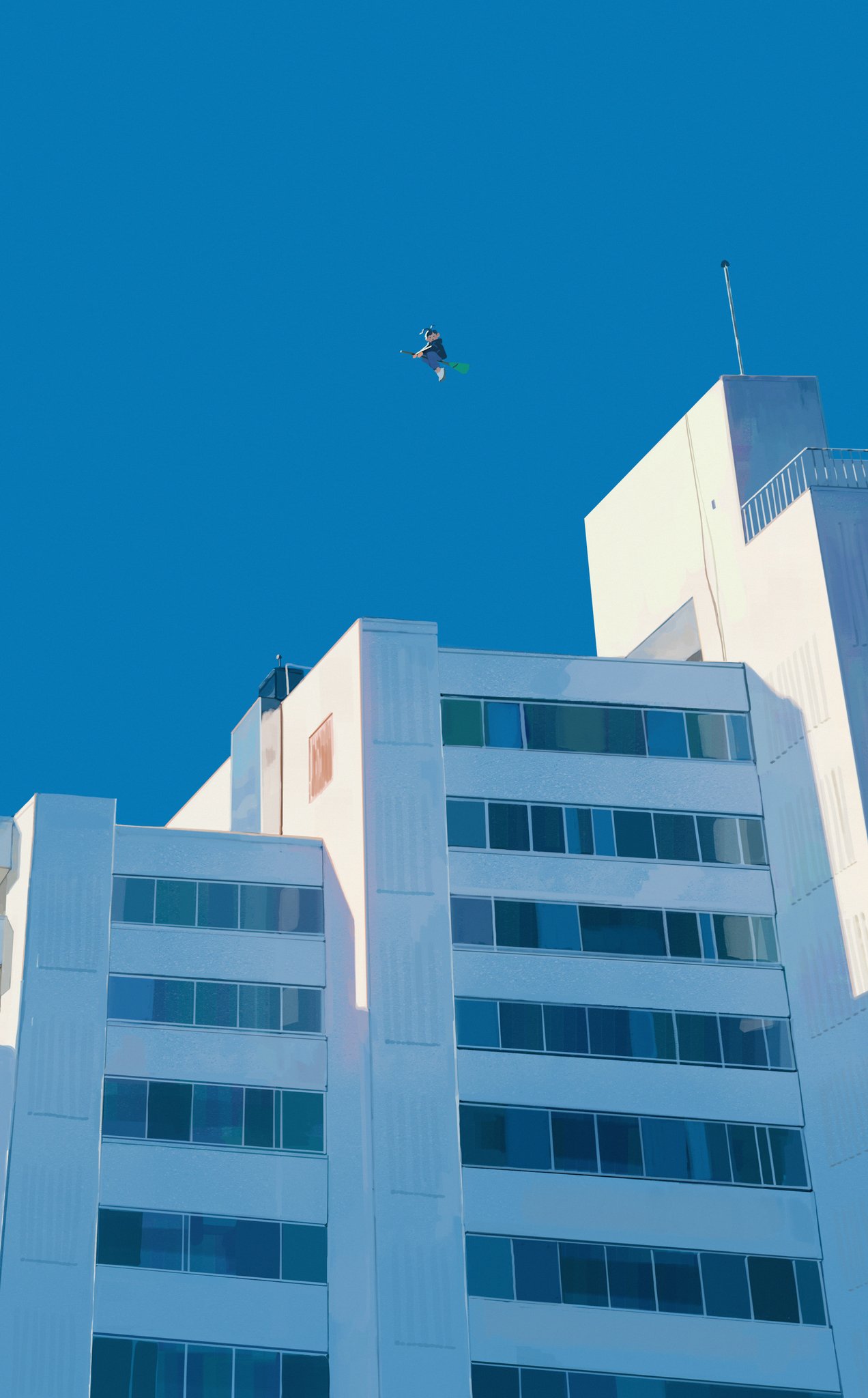 architecture, black_hair, blue_hoodie, blue_pants, blue_sky, broom, broom_riding, building, character_request, clear_sky, copyright_request, day, film_grain, flying, from_below, highres, honeyoink_draw, hood, hood_down, hoodie, looking_at_viewer, outdoors, pants, sky, sunlight, very_wide_shot, white_sneakers, window