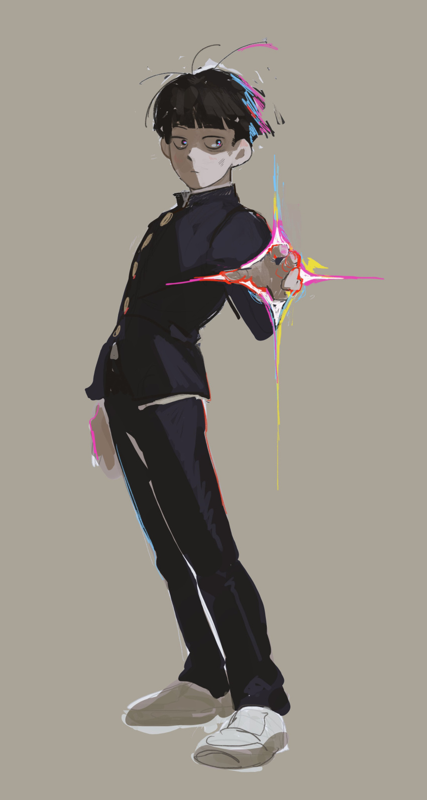 1boy, :/, absurdres, arm_at_side, black_eyes, black_hair, black_jacket, black_pants