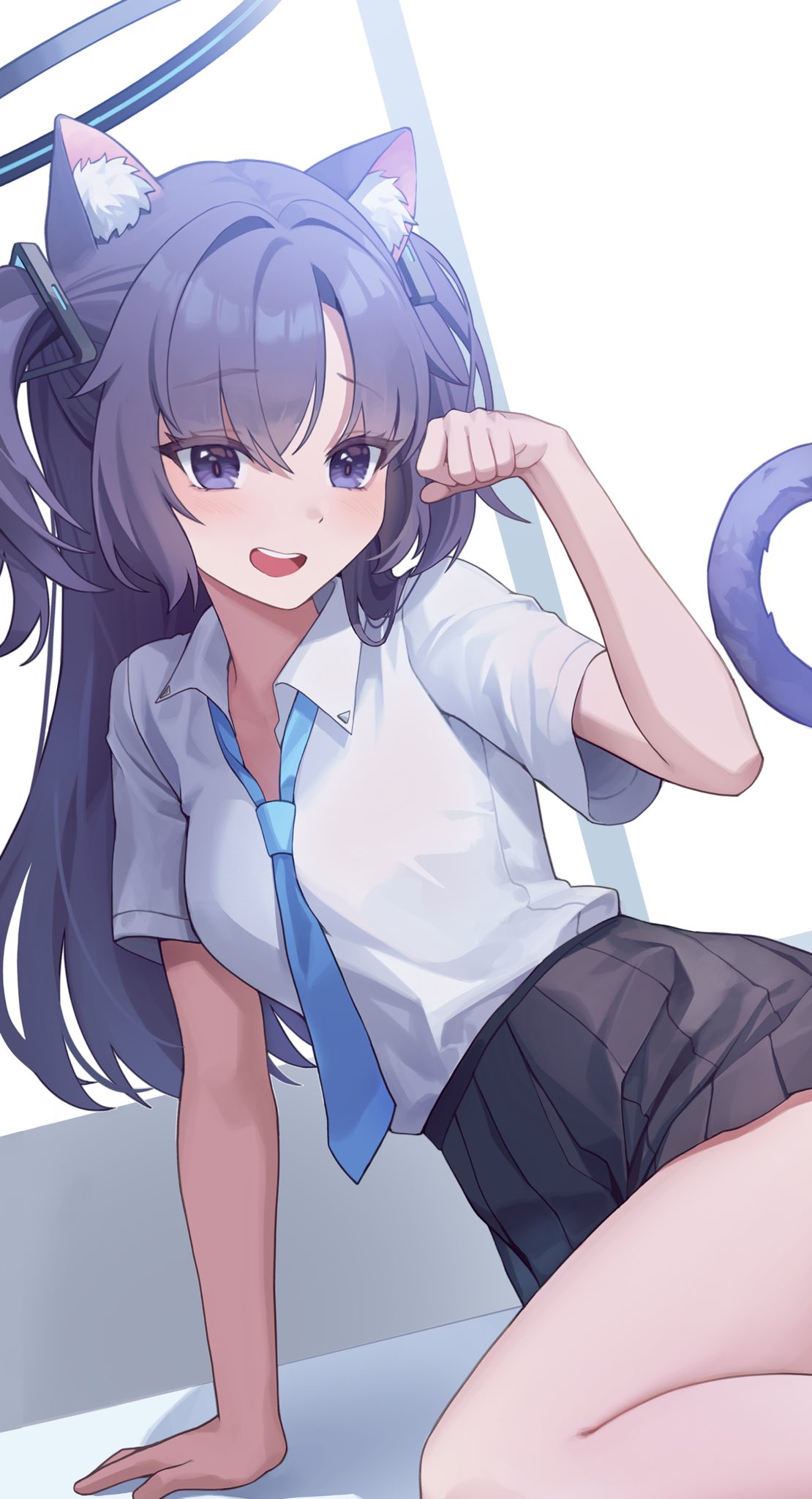 1girl, animal_ear_fluff, animal_ears, arm_support, black_skirt, blue_archive, blue_necktie, blush