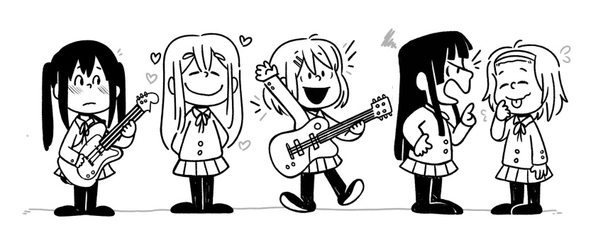 5girls, akiyama_mio, arm_up, arms_behind_back, bass_guitar, blazer, blush, charles_schulz_(style), closed_eyes, closed_mouth, electric_guitar, flying_sweatdrops, guitar, hair_ornament, hairclip, heart, highres, hirasawa_yui, holding, holding_instrument, index_finger_raised, instrument, jacket, k-on!, kotobuki_tsumugi, lineart, long_hair, long_sleeves, looking_to_the_side, monochrome, multiple_girls, nakano_azusa, neck_ribbon, notice_lines, open_mouth, pantyhose, parody, peanuts, pleated_skirt, ribbon, richie_piacentini, sakuragaoka_high_school_uniform, school_uniform, short_hair, simple_background, skirt, smile, standing, style_parody, tainaka_ritsu, tongue, tongue_out, twintails