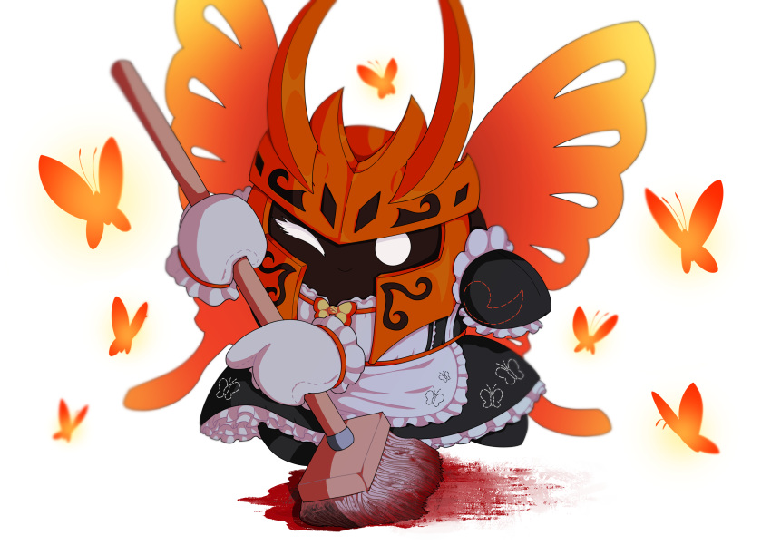 absurdres, alternate_costume, animal_print, apron, blood, blood_on_ground, broom, bug, butterfly, butterfly_print, butterfly_wings, gloves, highres, holding, holding_broom, insect_wings, kirby_(series), looking_at_viewer, maid, maid_apron, morpho_knight, no_humans, one_eye_closed, rayman_limbs, shibulio, simple_background, solo, white_background, white_eyes, white_gloves, wings