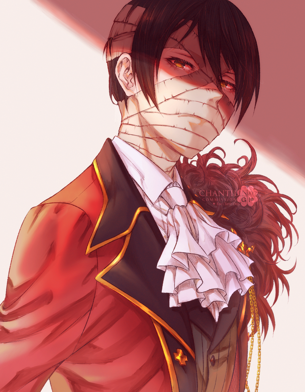 1boy, ascot, bandaged_head, bandages, brown_eyes, brown_hair, chain, chanti_(chantilin)