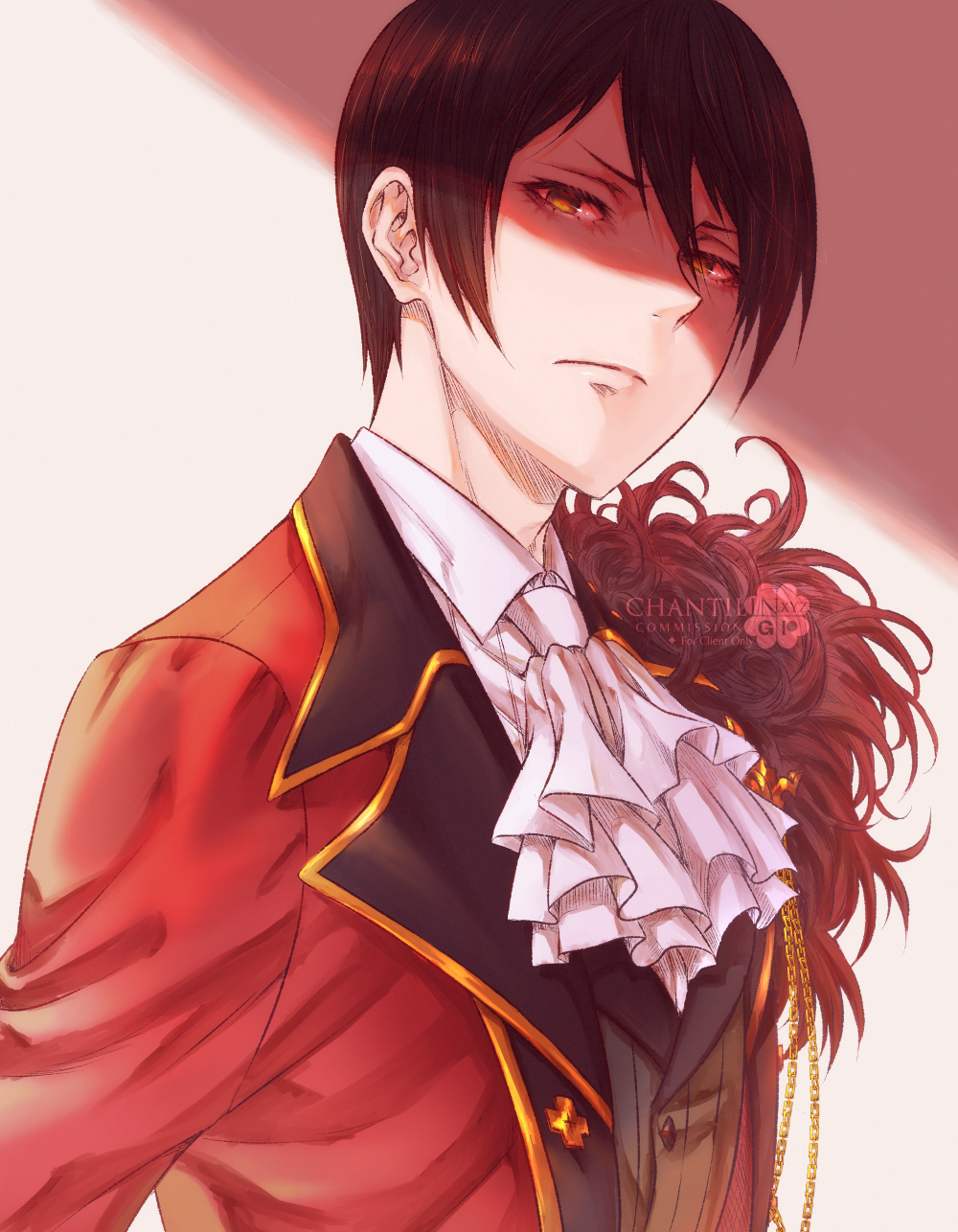 1boy, ascot, brown_eyes, brown_hair, chain, chanti_(chantilin), commentary, commission, english_commentary, frown, highres, jacket, male_focus, re:zero_kara_hajimeru_isekai_seikatsu, red_jacket, shade, solo, upper_body, vincent_vollachia, watermark, white_ascot