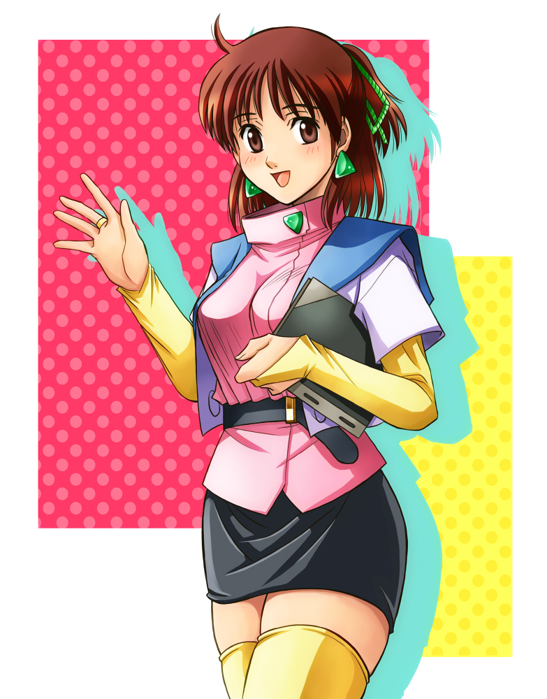 1girl, anice_farm, belt, breasts, brown_eyes, brown_hair, chouon_senshi_borgman, earrings, fujii_satoshi, jewelry, large_breasts, miniskirt, ponytail, skindentation, skirt, solo, teacher, thigh-highs, thighhighs, turtleneck, vest, zettai_ryouiki, zettai_ryouiki_bulge