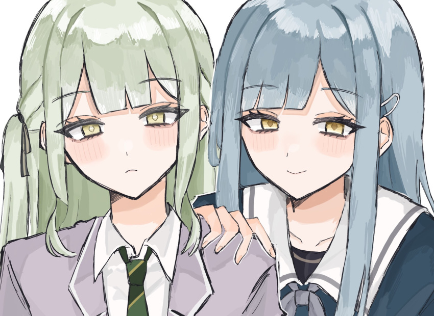 2girls, bang_dream!, bang_dream!_it's_mygo!!!!!, blue_hair, blue_shirt, blush, closed_mouth, collared_shirt