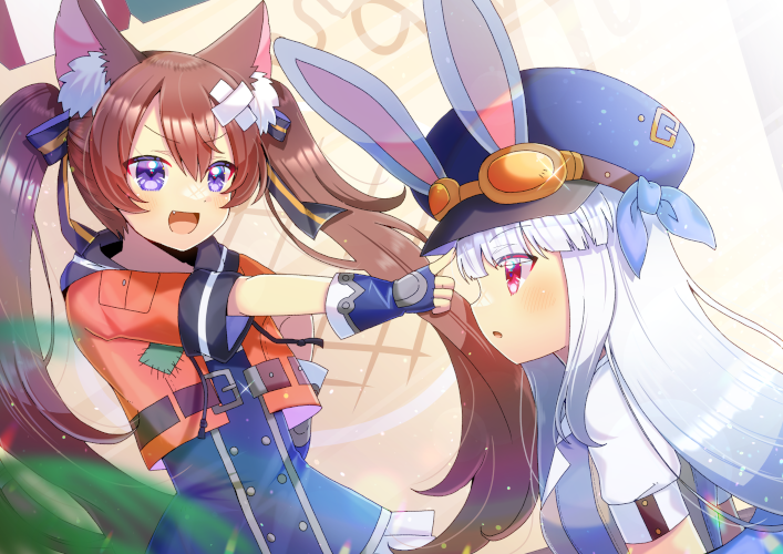 2girls, :d, animal_ear_fluff, animal_ears, black_bow, blue_dress, blue_gloves, blue_hat
