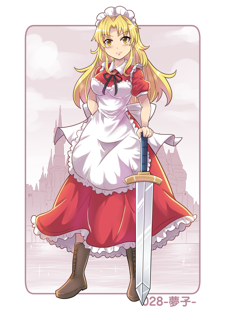 1girl, apron, arm_behind_back, blonde_hair, boots, bow, breasts, castle
