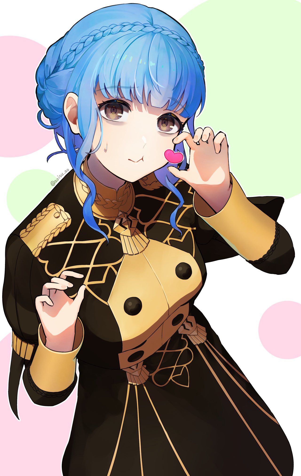 1girl, aoisu_ao, bags_under_eyes, blue_hair, braid, brown_eyes, buttons, closed_mouth, commentary, crown_braid, fire_emblem, fire_emblem:_three_houses, garreg_mach_monastery_uniform, heart, highres, long_sleeves, looking_at_viewer, marianne_von_edmund, short_hair, short_hair_with_long_locks, sidelocks, simple_background, solo, sweatdrop, twitter_username, uniform