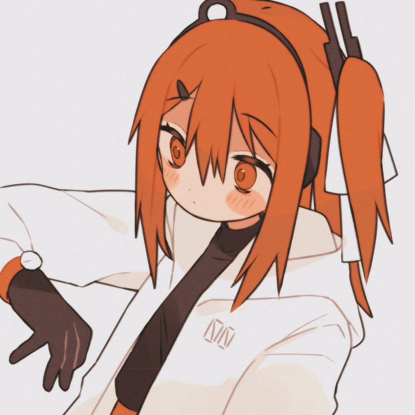 1girl, a.i._voice, adachi_rei, black_gloves, black_shirt, blush, gloves, hair_ornament, hair_ribbon, hairclip, hashtag_only_commentary, headlamp, highres, hood, hood_down, hooded_jacket, jacket, long_sleeves, looking_at_watch, medium_hair, mochi_(na_si), one_side_up, open_clothes, open_jacket, orange_eyes, orange_hair, radio_antenna, ribbon, shirt, simple_background, solo, upper_body, utau, watch, white_background, white_jacket, white_ribbon